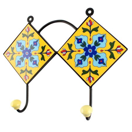 Turquoise Floral Ceramic Tile Wall Hook